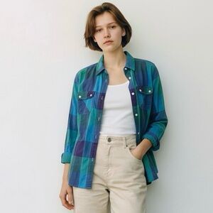 American Eagle Outfitters Blue and Green Plaid Button Down Shirt~SKU043